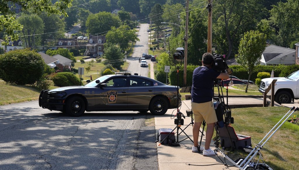 Law enforcement officers on July 14, 2024, block a street in Bethel Park, Pa., that they say is near a residence of Thomas Matthew Crooks, the suspected shooter of former President Donald Trump. (AP)