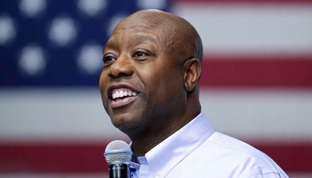 Republican presidential candidate Tim Scott speaks during a town hall on May 8, 2023. (AP)