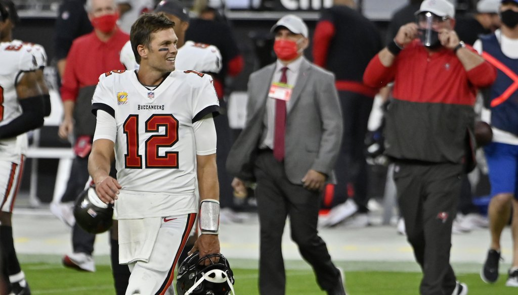 Tampa Bay Buccaneers quarterback Tom Brady (12) walks onto the field after defeating the Las Vegas Raiders, Sunday, Oct. 25, 2020, in Las Vegas. (AP Photo/David Becker)