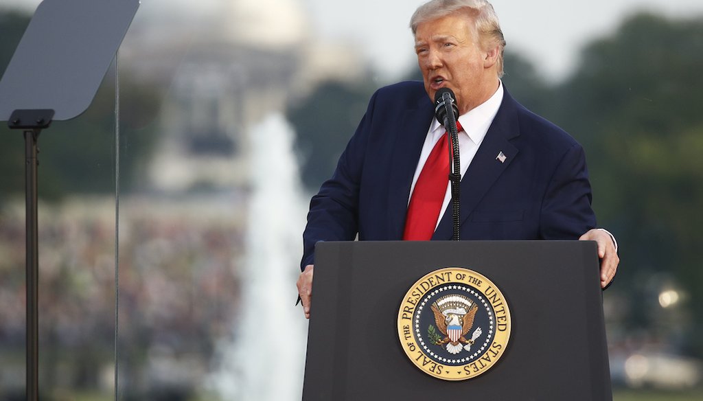 President Donald Trump speaks during a "Salute to America" event on the South Lawn of the White House, Saturday, July 4, 2020, in Washington. (AP Photo/Patrick Semansky)