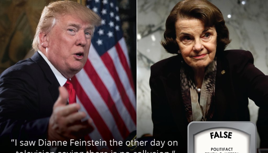 President Trump falsely claimed Sen. Feinstein said "there is no collusion." In reality, Feinstein said collusion is "an open question."