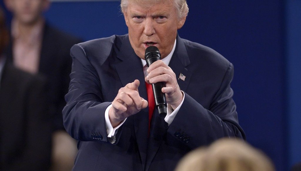 Republican presidential nominee Donald Trump speaks during the second presidential debate at Washington University in St. Louis, Sunday, Oct. 9, 2016. (Saul Loeb/Pool via AP)