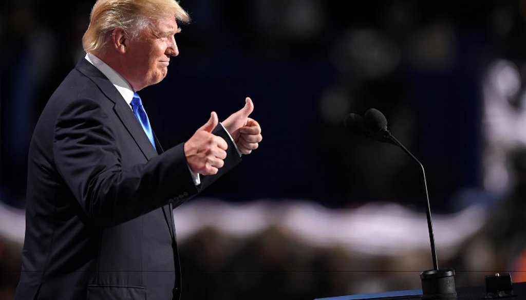 Republican presidential candidate Donald Trump briefly addresses delegates during the opening day of the Republican National Convention in Cleveland, Monday, July 18, 2016. Mark J. Terrill / AP