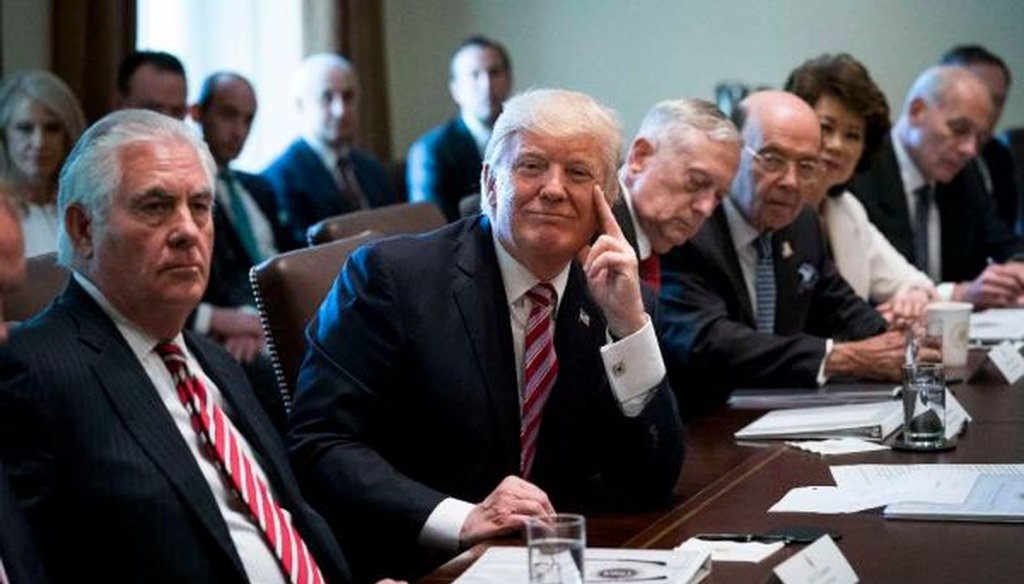 President Donald Trump meets with members of his cabinet at the White House on June 12, 2017. At left is Secretary of State Rex Tillerson. (Doug Mills/New York Times) 