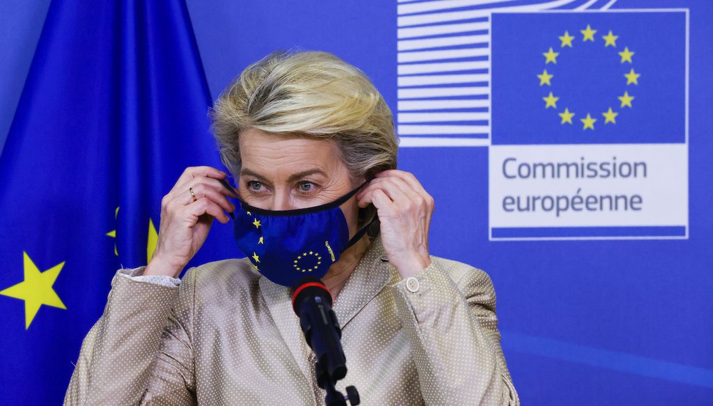 European Commission President Ursula von der Leyen prepares to welcome Austrian President Alexander Van der Bellen at EU headquarters in Brussels, Tuesday, July 13, 2021. (Pascal Rossignol, Pool Photo via AP)