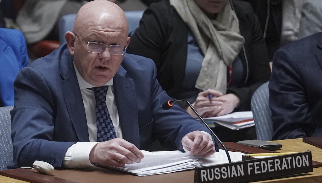 Russia's United Nations Ambassador Vasily Nebenzya addresses the U.N. Security Council on Oct. 25, 2023. (AP Photo/Bebeto Matthews)