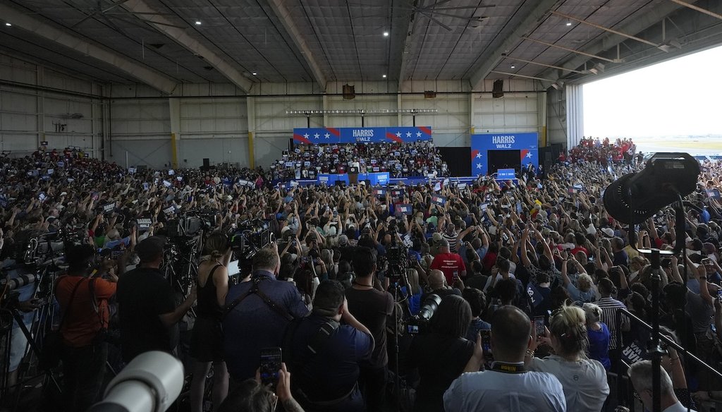 Democratic presidential nominee Vice President Kamala Harris speaks at a campaign rally, Aug. 7, 2024, in Romulus, Mich. (AP)