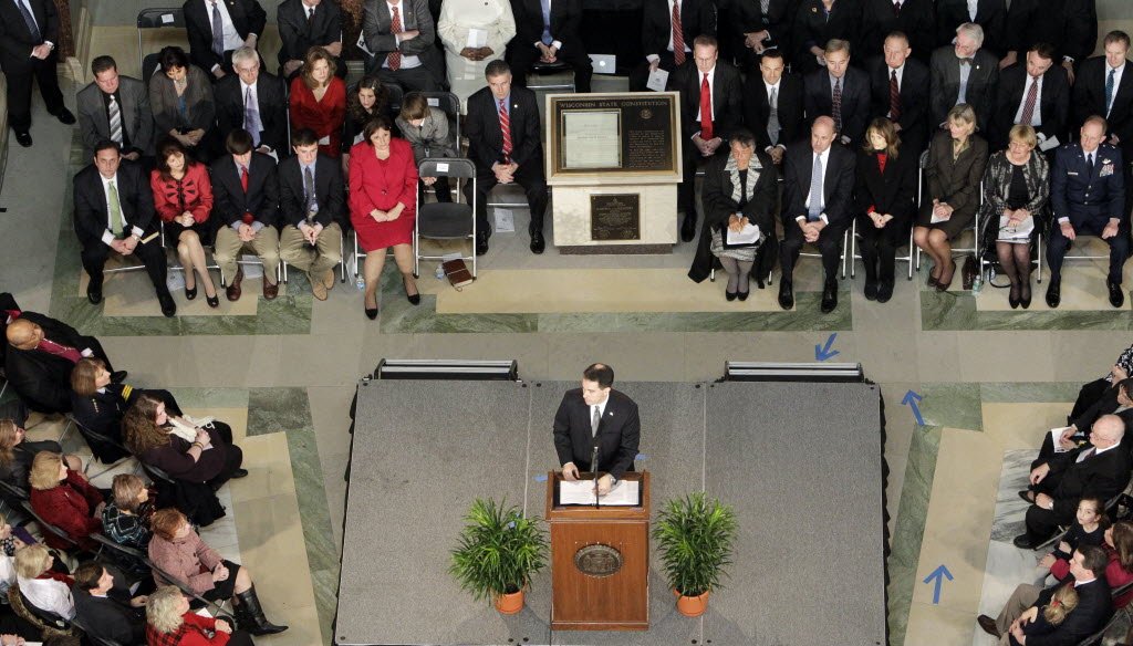 Gov. Scott Walker will be sworn in for a second term at 11 a.m. Jan. 5, 2015. He is pictured here at his first inauguration ceremony, Jan. 3, 2011.