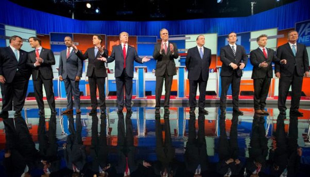 Republican presidential candidates from left, Chris Christie, Marco Rubio, Ben Carson, Scott Walker, Donald Trump, Jeb Bush, Mike Huckabee, Ted Cruz, Rand Paul, and John Kasich at the first Republican presidential debate in Cleveland on Aug. 6, 2015. (AP)