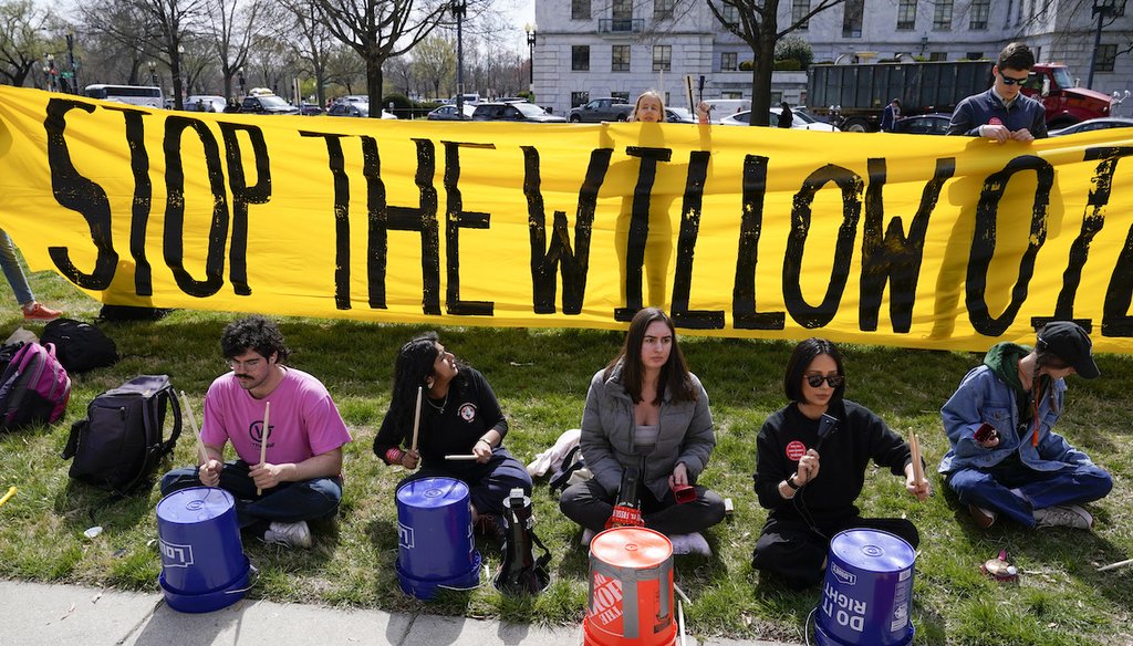 Demonstrators protest against the Biden administration's approval of the Willow oil-drilling project in Washington, D.C., on March 21, 2023. (AP)