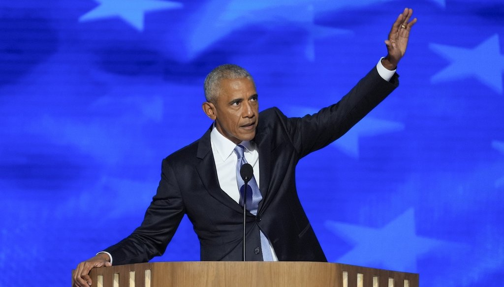 Former President Barack Obama speaks Aug. 20, 2024, at the Democratic National Convention in Chicago. (AP)