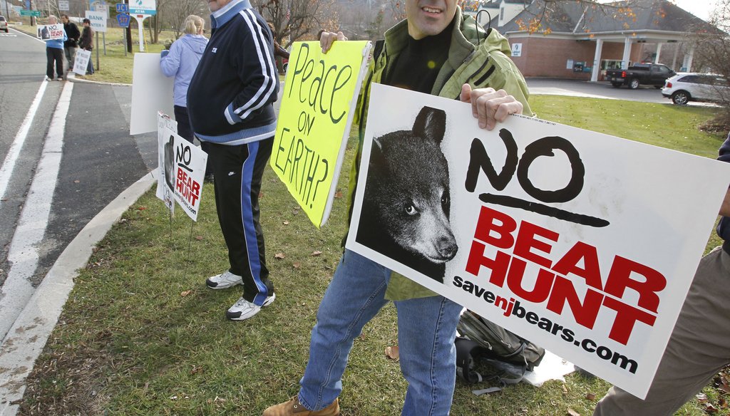 A recent Pants on Fire ruling about hunting in New Jersey sparked angry responses from some animal activists. Pictured above are other activists protesting the state's bear hunt.