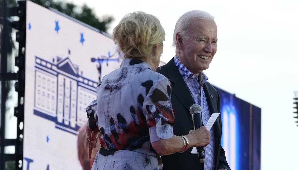 President Joe Biden, standing next to first lady Jill Biden, prepares to speak at the White House on July 4, 2023, during a barbecue to celebrate the holiday. (AP)