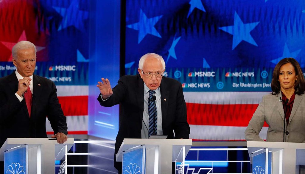 Democratic presidential candidate Sen. Bernie Sanders, I-Vt., speaks as former Vice President Joe Biden and Sen. Kamala Harris, D-Calif., listen Nov. 20, 2019, during a Democratic presidential primary debate in Atlanta. (AP)