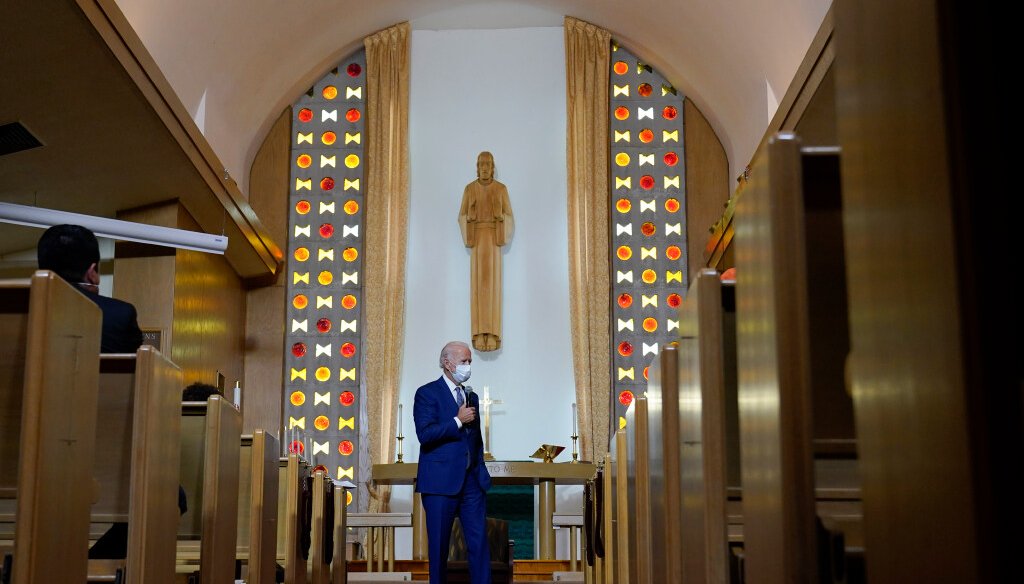 Democratic presidential candidate former Vice President Joe Biden speaks as he meets with members of the community at Grace Lutheran Church in Kenosha, Wis., Thursday, Sept. 3, 2020. (AP Photo/Carolyn Kaster)