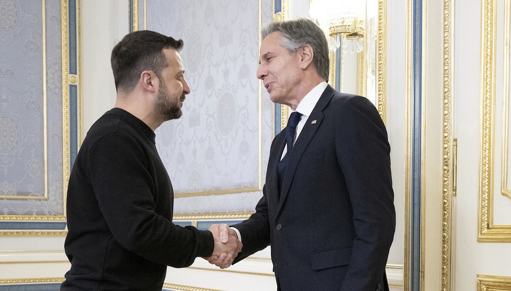 Ukraine's President Volodymyr Zelenskyy, left, greets U.S. Secretary of State Antony Blinken, right, prior to their meeting in Kyiv, Ukraine, May 14, 2024. (AP)