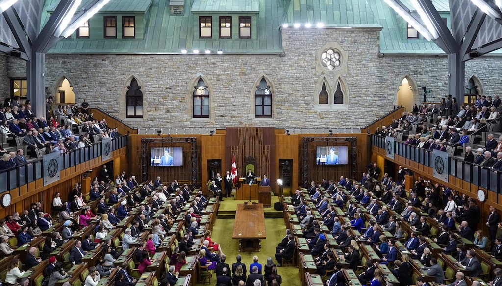 Canadian Prime Minister Justin Trudeau addresses the Canadian Parliament before President Joe Biden speaks on March 24, 2023, in Ottawa, Canada. (AP)