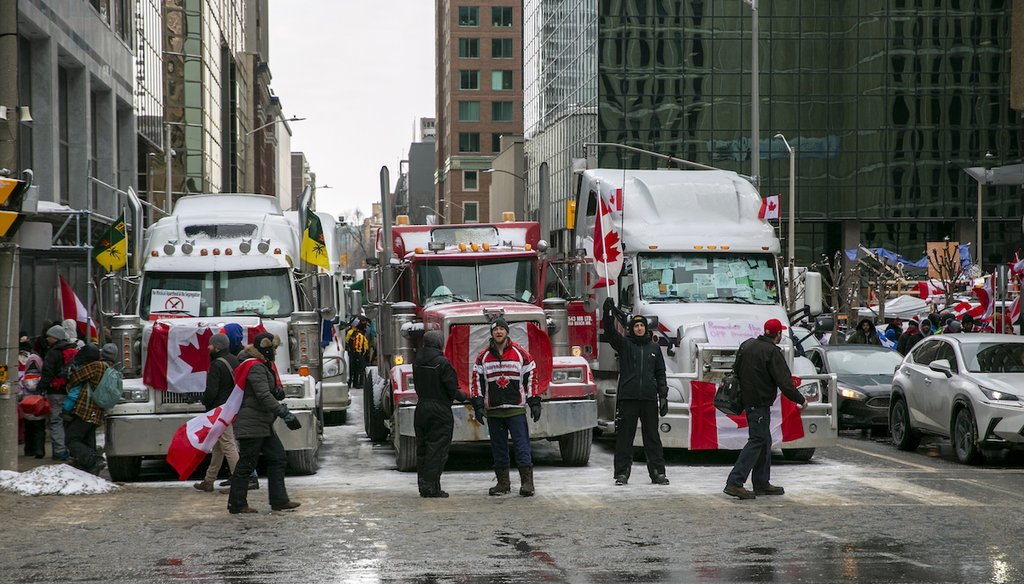 Truck drivers and others protest COVID-19 pandemic restrictions in Ottawa, Ontario, on Feb. 12, 2022. (AP)