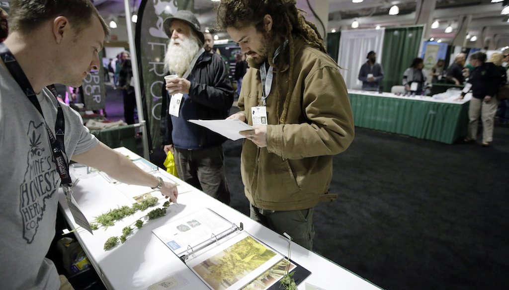 A passer-by, center right, examines marijuana samples at the New England Cannabis Convention, Sunday, March 25, 2018, in Boston. (AP)