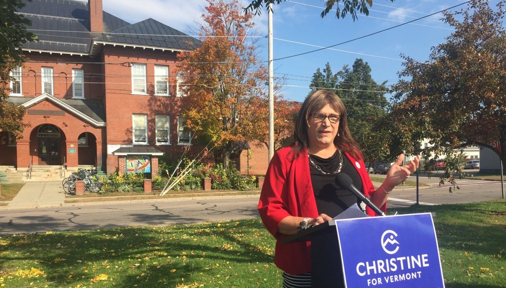 Christine Hallquist, Democratic candidate for Vermont governor, holds a press conference on education funding in Burlington in October. Photo by Lola Duffort/VTDigger