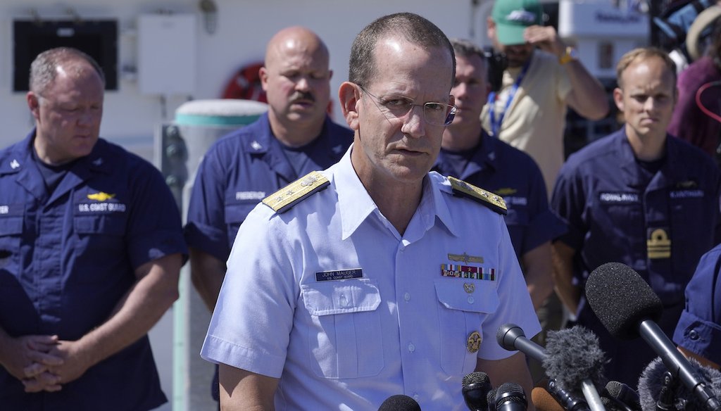 U.S. Coast Guard Rear Adm. John Mauger, commander of the First Coast Guard District, talks to the media on June 22, 2023, at Coast Guard Base Boston, in Boston. (AP)