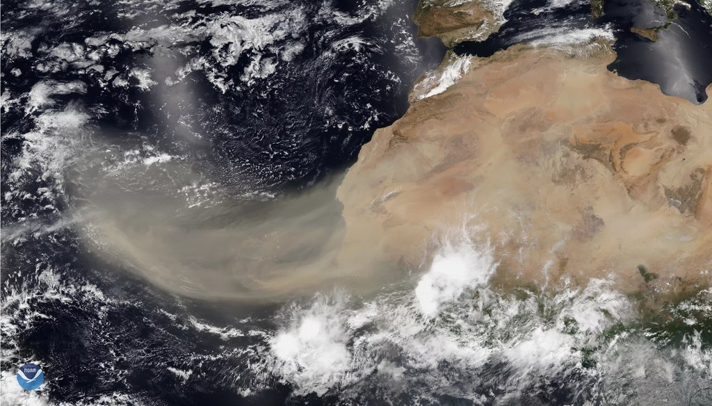 A satellite image of dust blowing off the Sahara Desert in June 2020. (National Oceanic & Atmospheric Administration)