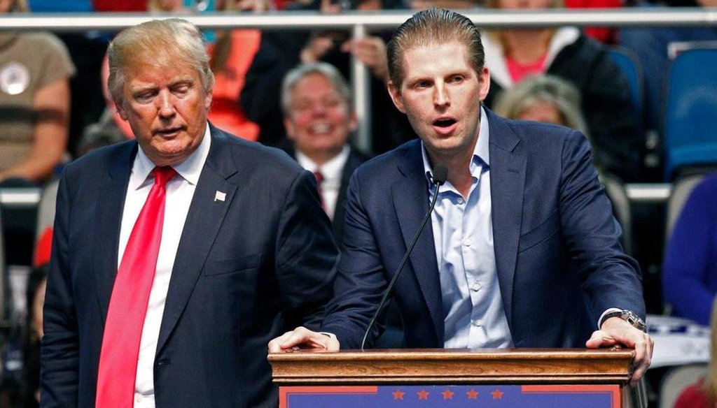 A fake news story claimed that Eric Trump, shown here at a January 2016 campaign rally in Biloxi, Miss., said his father Donald Trump didn't need to release his tax returns because he was ending taxes for the rich.