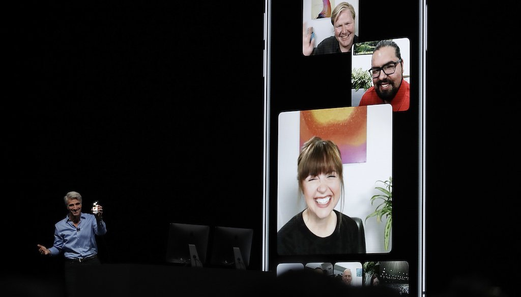 Craig Federighi, Apple's senior vice president of Software Engineering, speaks about group FaceTime at the Apple Worldwide Developers Conference,, June 4, 2018, in San Jose, Calif. (AP)