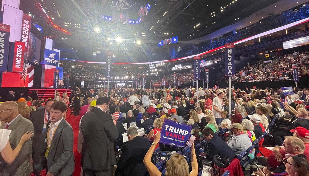 Delegates crowd the Fiserv Forum floor July 16, 2024, during the Republican National Convention in Milwaukee. (Louis Jacobson/PolitiFact)