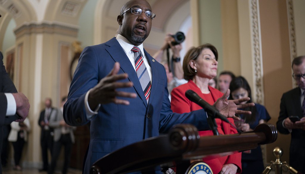 Sen. Raphael Warnock, D-Ga., joined at right by Sen. Amy Klobuchar, D-Minn., speaks with reporters before a key test vote on the For the People Act on June 22, 2021. (AP)