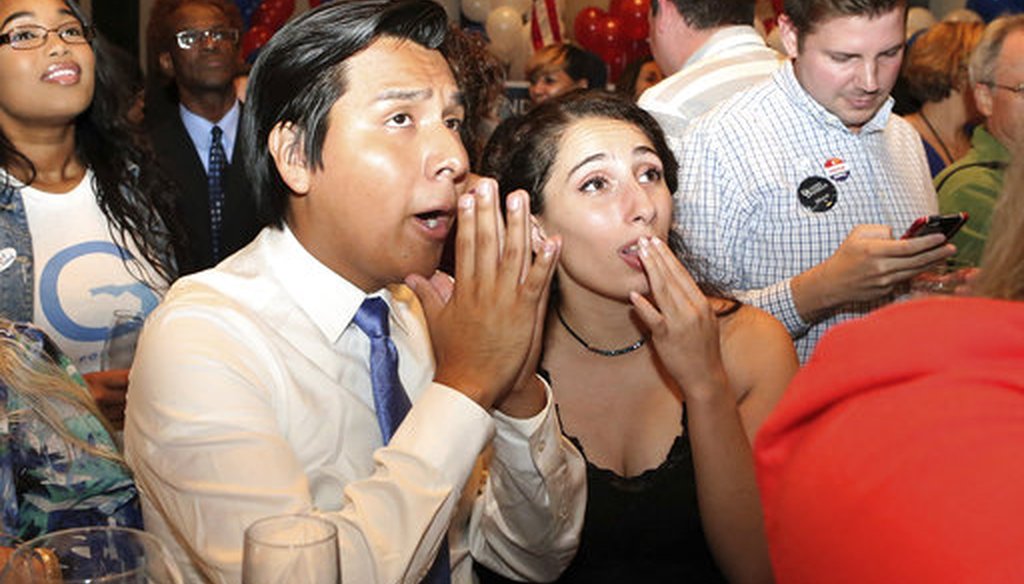 Andrew Gillum supporters Richard Lopez and Mara Cooper watch the screen as election results come in showing their candidate winning the Democratic primary for governor on Tuesday, Aug. 28, 2018, in Tallahassee, Fla. (AP Photo/Steve Cannon)