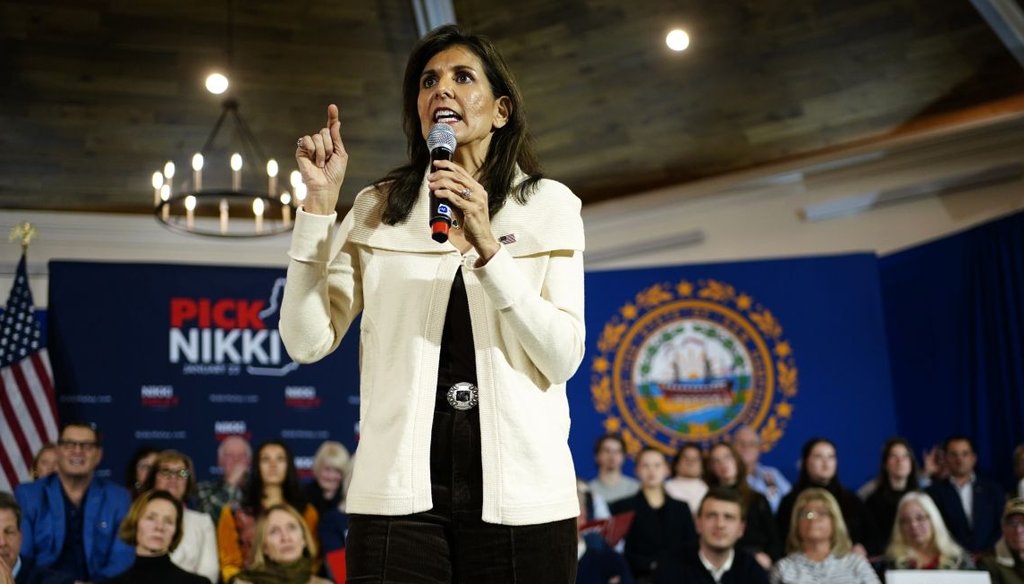 Republican presidential candidate Nikki Haley speaks at a town hall in Rye, N.H., on Jan. 2, 2024. (AP)