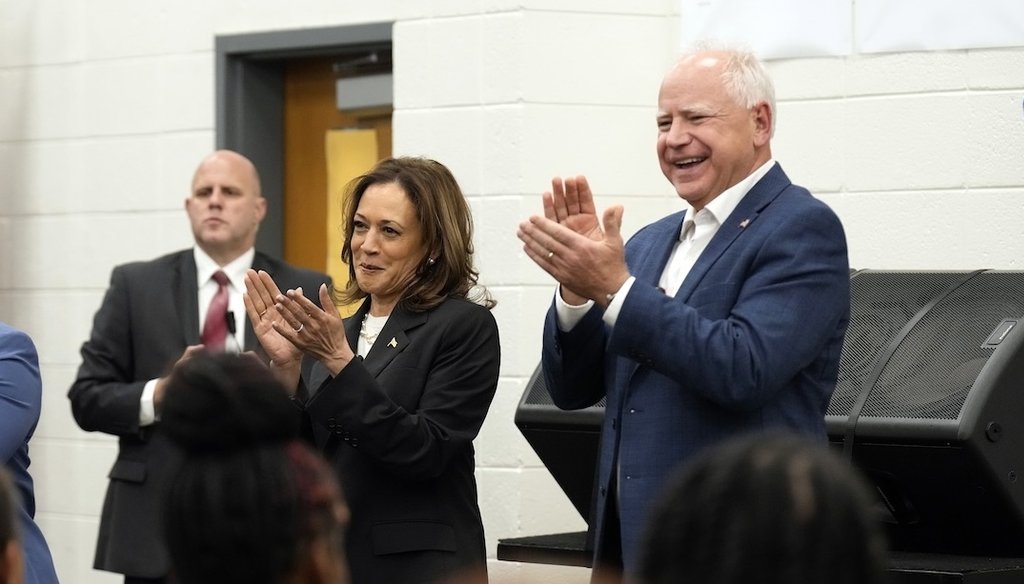 Democratic presidential nominee Kamala Harris and running mate Tim Walz speak Aug. 28, 2024, to marching band members at Liberty County High School in Hinesville, Ga. (AP)