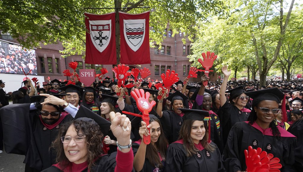 Harvard University students celebrate their graduate degrees in public health during May 25, 2023, commencement ceremonies in Cambridge, Mass. (AP)
