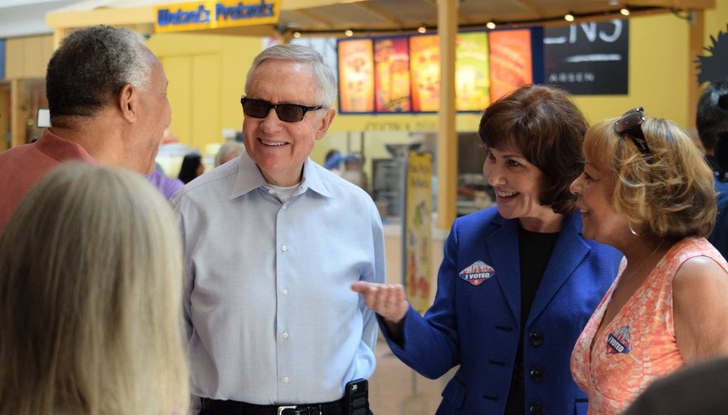 Democratic House candidate Jacky Rosen and Senate Minority Leader Harry Reid speak to voters in Henderson, Nev. on June 2, 2016.