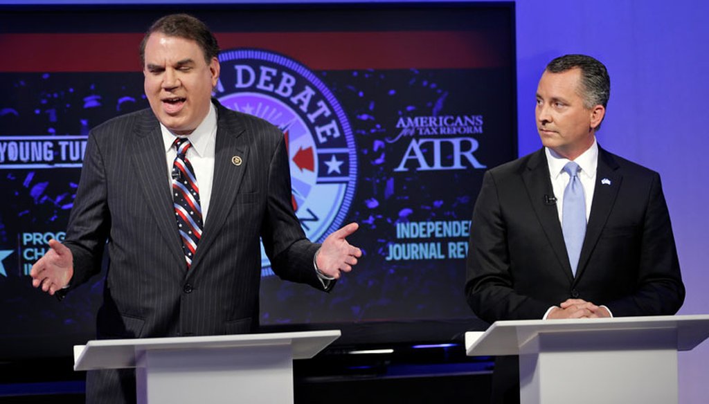 U.S. Reps. Alan Grayson, D-Orlando, and David Jolly, R-Indian Shores, met in an open debate in Orlando on April 25, 2016. (AP photo)