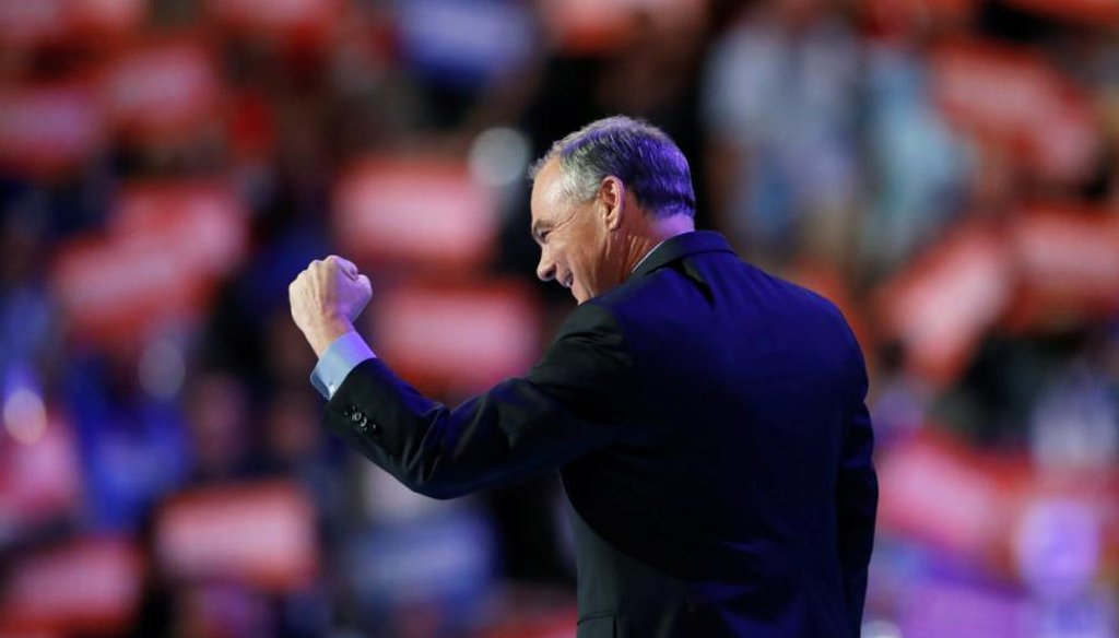 Democratic vice presidential candidate, Sen. Tim Kaine, D-Va., walks onto the stage before addressing delegates on the third day of the Democratic National Convention in Philadelphia , Wednesday, July 27, 2016. (AP Photo/Paul Sancya)