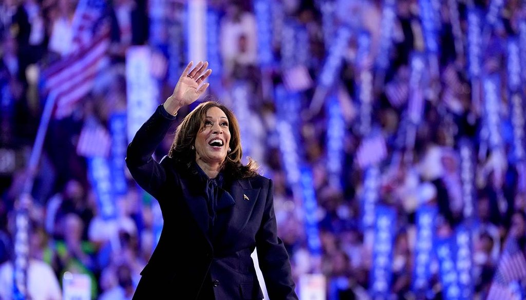 Vice President Kamala Harris, the Democratic presidential nominee, waves to the United Center crowd Aug. 22, 2024, at the Democratic National Convention in Chicago. (AP)