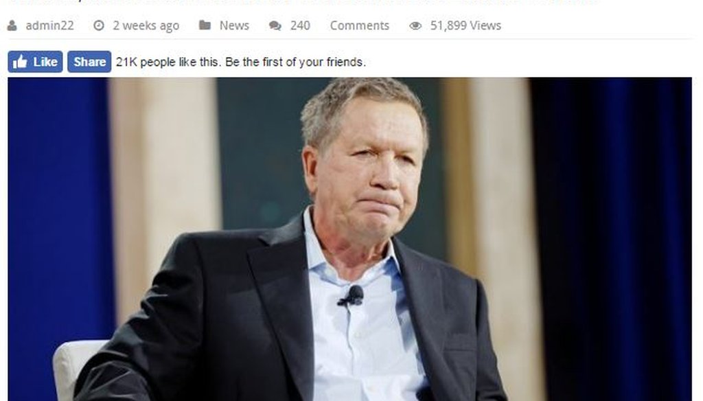 The website WalkWithHer.com repurposed a story about Ohio Gov. John Kasich making a misogynistic statement after actions on abortion bills, but the story was from a parody site.