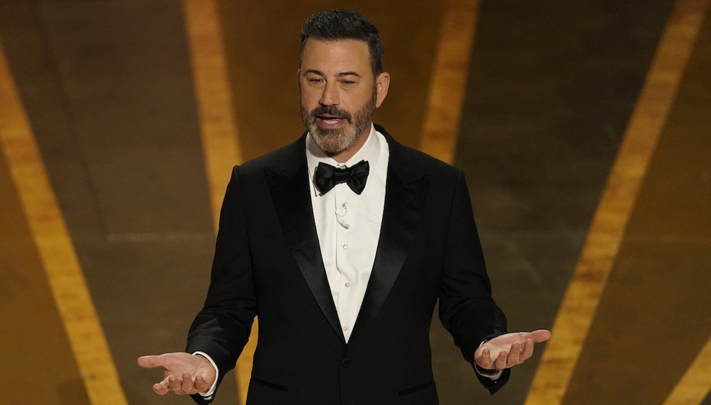 Host Jimmy Kimmel speaks at the Oscars on March 12, 2023. (AP)