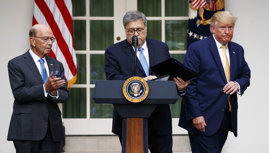 President Donald Trump, Commerce Secretary Wilbur Ross and Attorney General William Barr at a White House press conference on the census citizenship question July 11, 2019. (AP/Kaster)