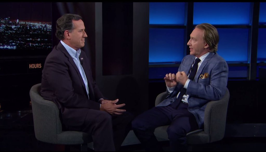 GOP candidate Rick Santorum and Bill Maher talk climate change on Maher's HBO show. (Screengrab)