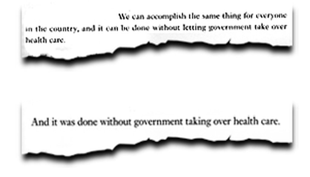 Mitt Romney's March 2010 hardcover book, "No Apology," said about the results of changes to Massachusetts health care law, "We can accomplish the same thing for everyone in the country." That changed in the February 2011 paperback. 