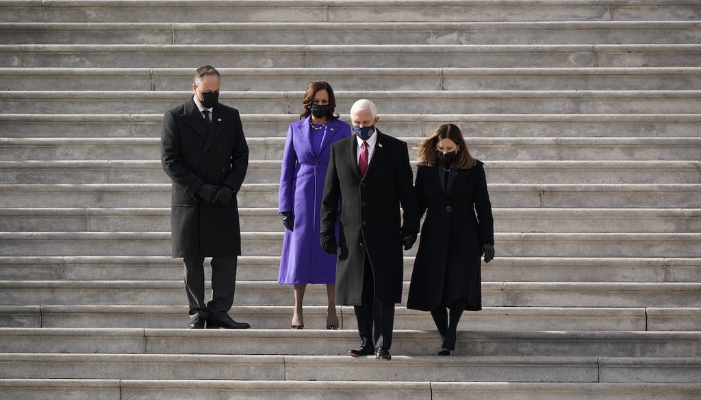 Vice President Kamala Harris and her husband Doug Emhoffl, left, watch as former Vice President Mike Pence and his wife Karen Pence depart the Capitol after the Inauguration of President Joe Biden on Jan. 20, 2021. (AP)