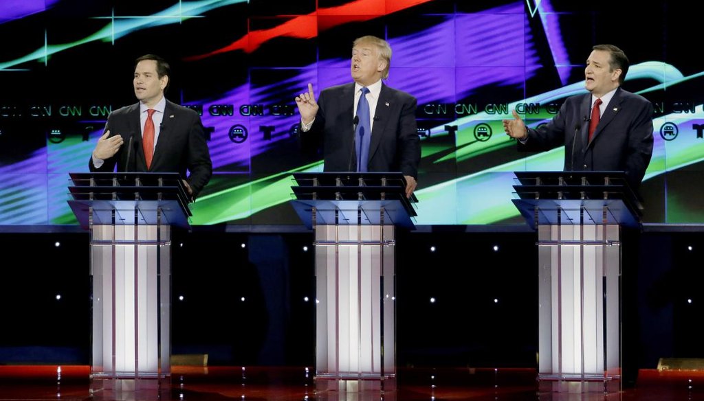 From left, Republican presidential candidate, Sen. Marco Rubio, R-Fla., Republican presidential candidate, businessman Donald Trump and Republican presidential candidate, Sen. Ted Cruz, R-Texas. (AP)