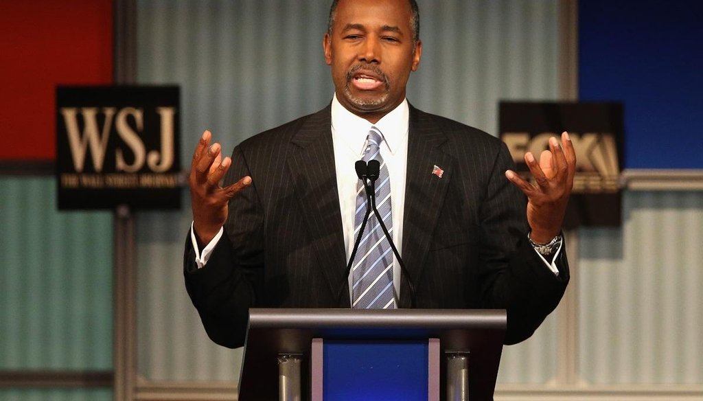 Presidential candidate Ben Carson gives his closing remarks at the Republican presidential debate sponsored by Fox Business and the Wall Street Journal Nov. 10, 2015, in Milwaukee. (Getty Images)