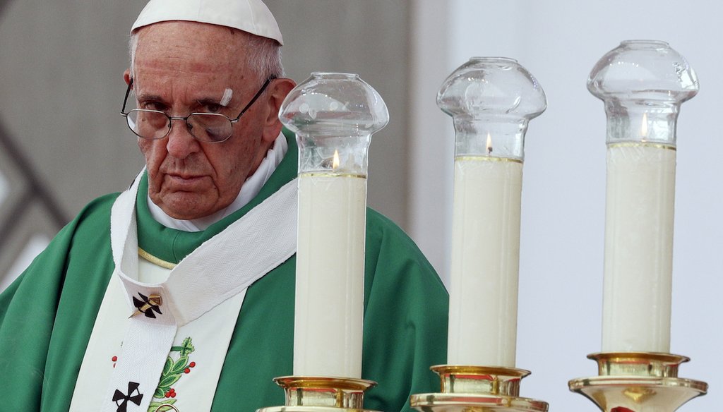 Pope Francis celebrates Mass in Cartagena, Colombia, on Sept. 10, 2017. Francis' visit to Cartagena got off to a rocky start when he banged his head on his popemobile. (AP)