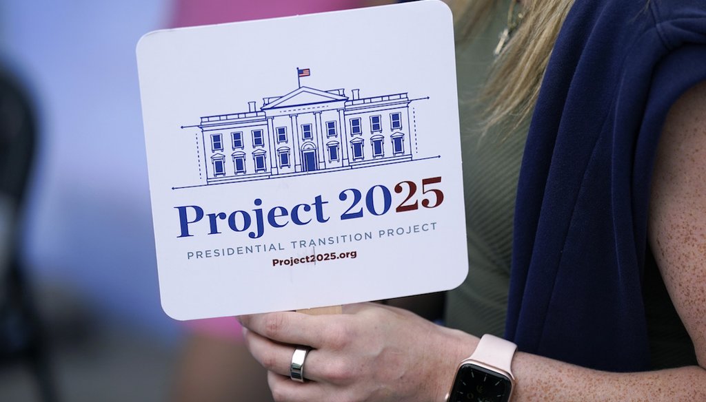 A Project 2025 fan is seen Aug. 14, 2023, in the group's tent at the Iowa State Fair in Des Moines, Iowa. (AP)