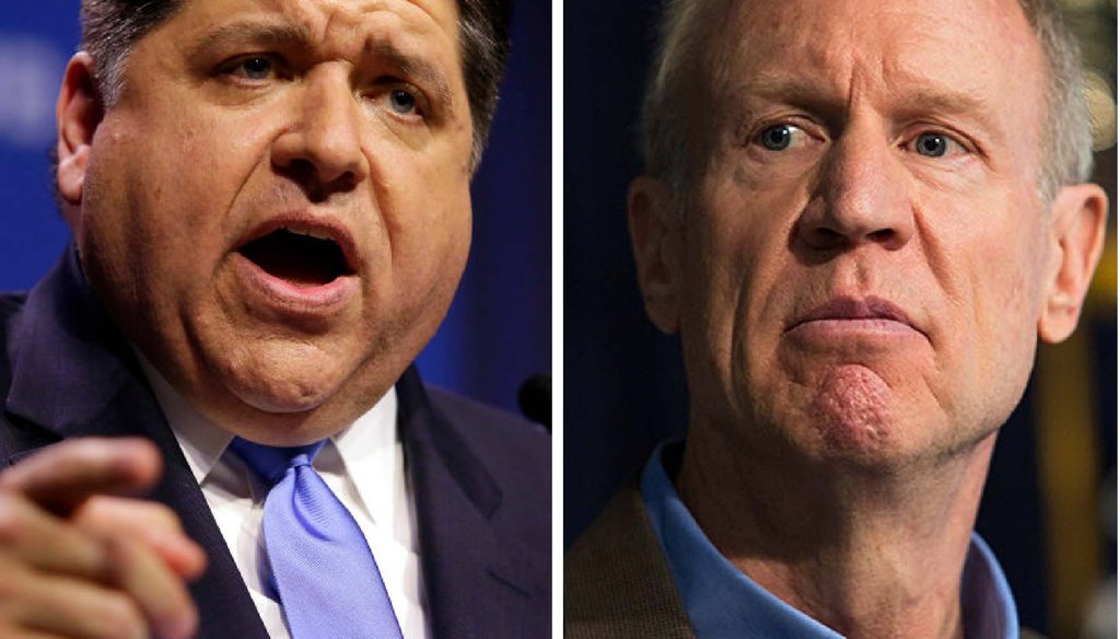 Pritzker: Joshua Lott/Getty Images; Rauner: Lou Foglia/Sun-Times