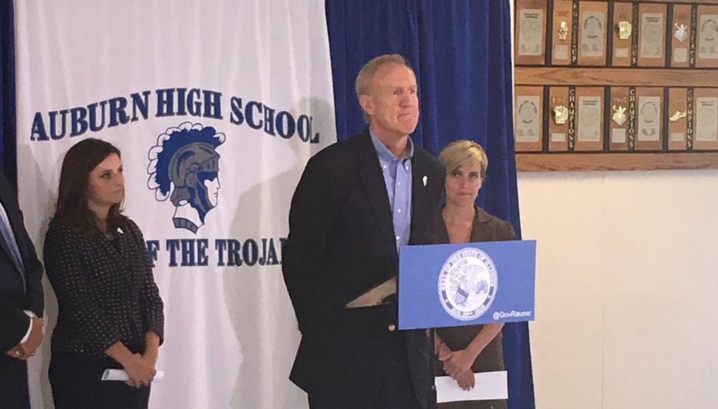 Gov. Bruce Rauner appears at Auburn High School on July 21, 2017, to demand that the Illinois Senate send him the new school funding bill that was passed on May 31. Also shown (L-R): Auburn Supt. Darren Root; Reps. Avery Bourne and Sara Wojcicki Jiminez